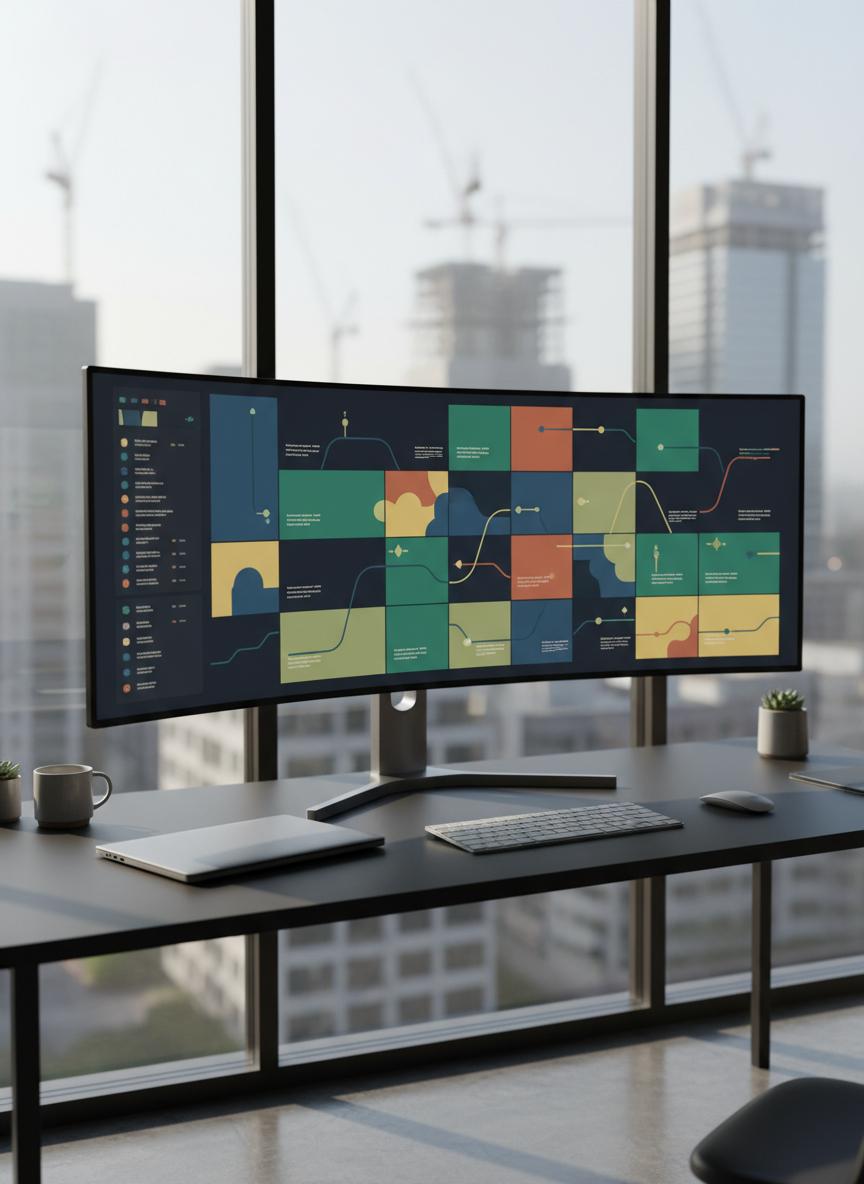 A sleek, modern workstation with a large ultra-wide monitor displaying a complex but clean data dashboard of productivity and economic indicators, rendered with abstract shapes and color blocks instead of readable text. The monitor sits on a minimalist matte-black desk alongside a closed silver laptop and a slim wireless keyboard. Through a floor-to-ceiling window, a distant skyline of anonymous office towers and cranes suggests economic activity. Soft morning daylight floods the room, creating gentle reflections on the screen and subtle shadows on the desk. Shot at eye level with a shallow depth of field, the focus is on the glowing display. The mood is analytical yet calm, with photographic realism and a clean, professional aesthetic suited to AI, work, and economics.
